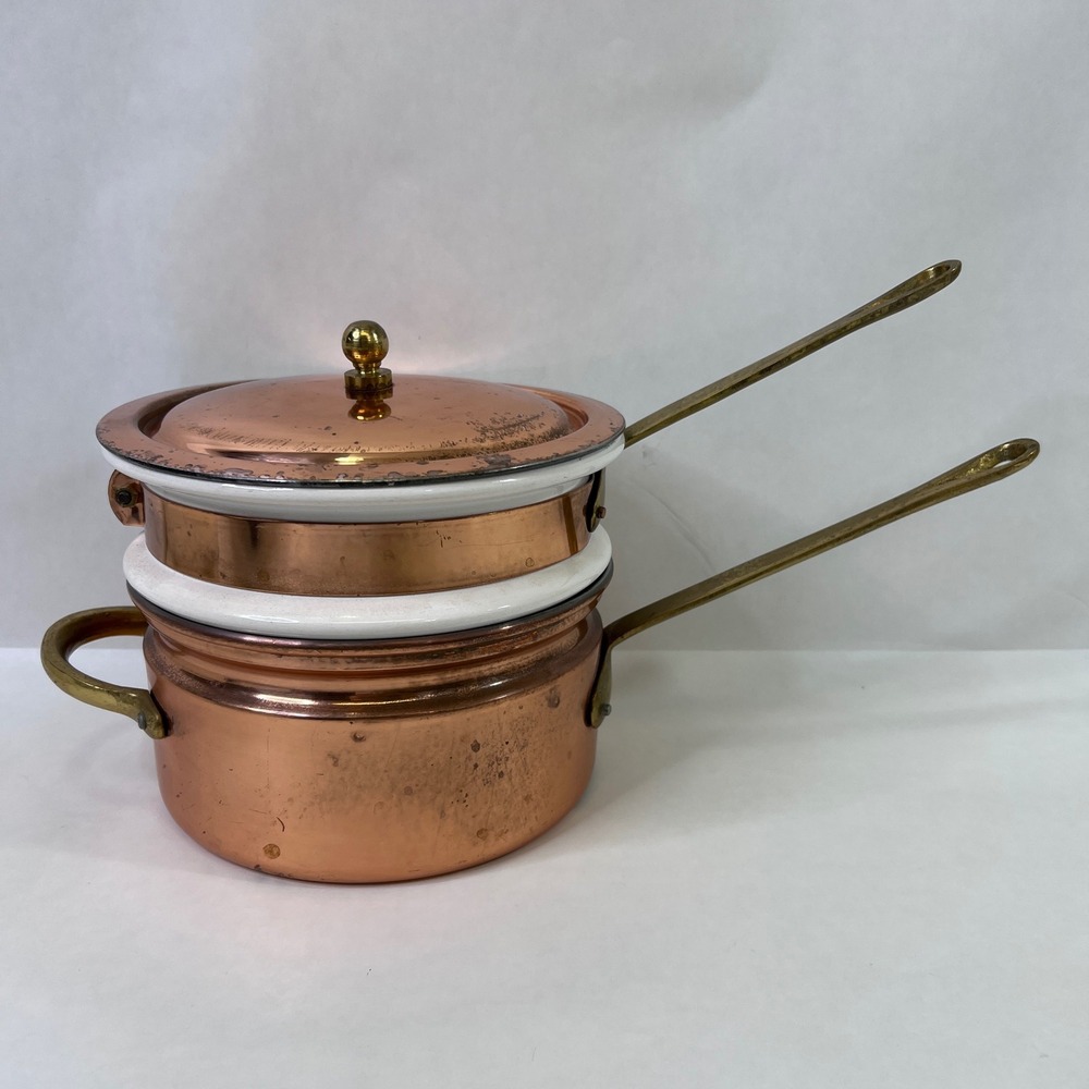 Vintage Copper Clad Double Boiler Porcelain Insert Brass Handles Outeiro 889
